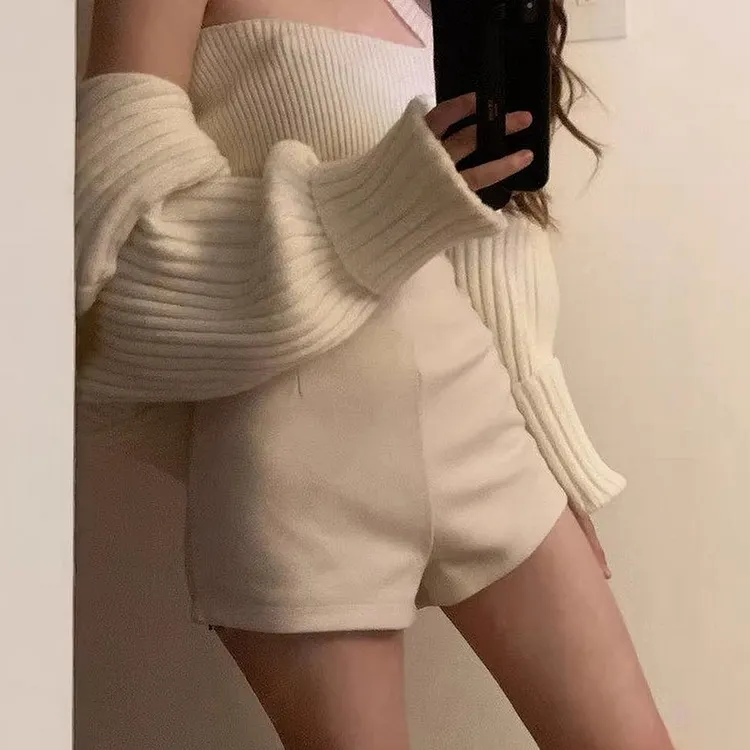 High Waist Wool Blend Wide Leg Boot Shorts with Zipper Detail