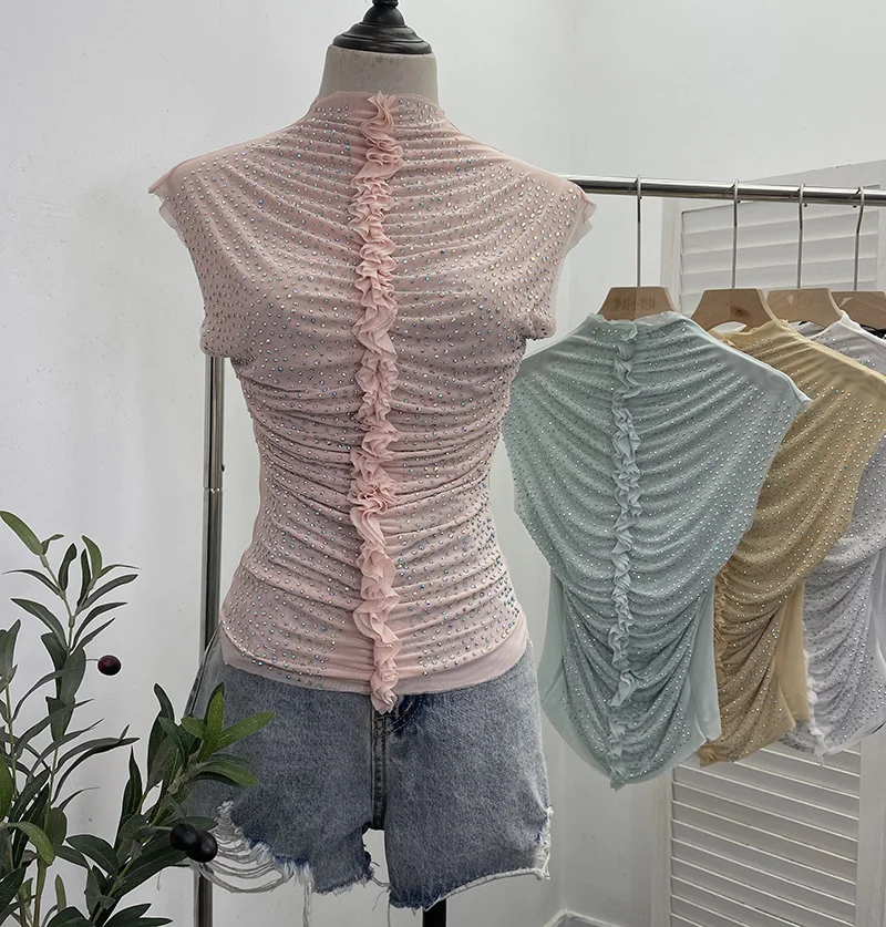 Uveng Drilling Sleeveless Vest Wearing Half-High Neck Net Yarn Slime Folded T-Shirt Blouse Female 2589