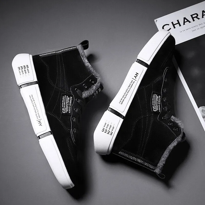 Nine o'clock Winter High-top Men Plush Shoes Fashion Casual Couple Footwear Comfort Warm Lined Sneakers Lace-up Wear-resisting