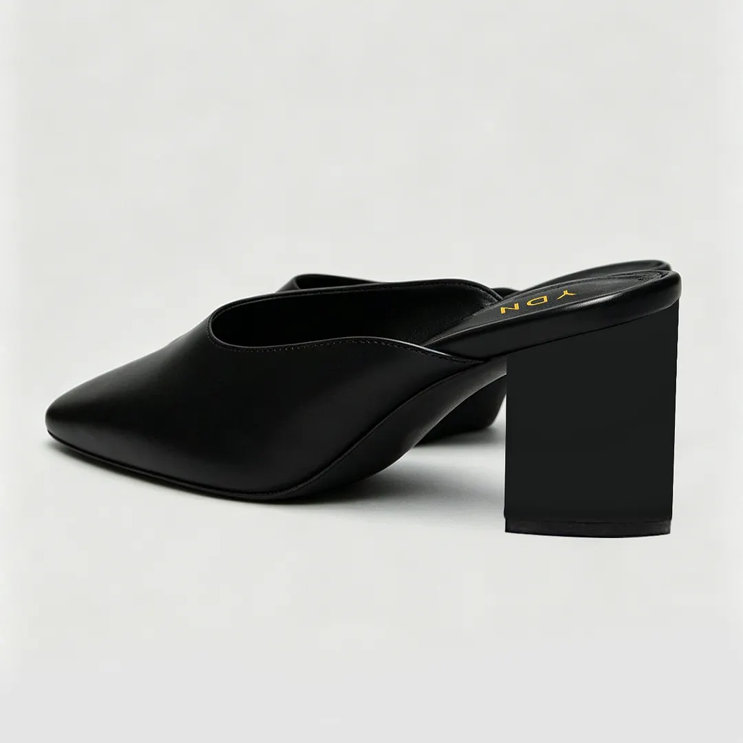 Minimalist Black Square Toe Block Heel Slip On Mules Shoes