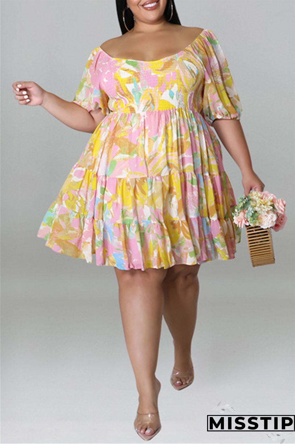 Blue Fashion Casual Plus Size Print Patchwork O Neck Short Sleeve Dress