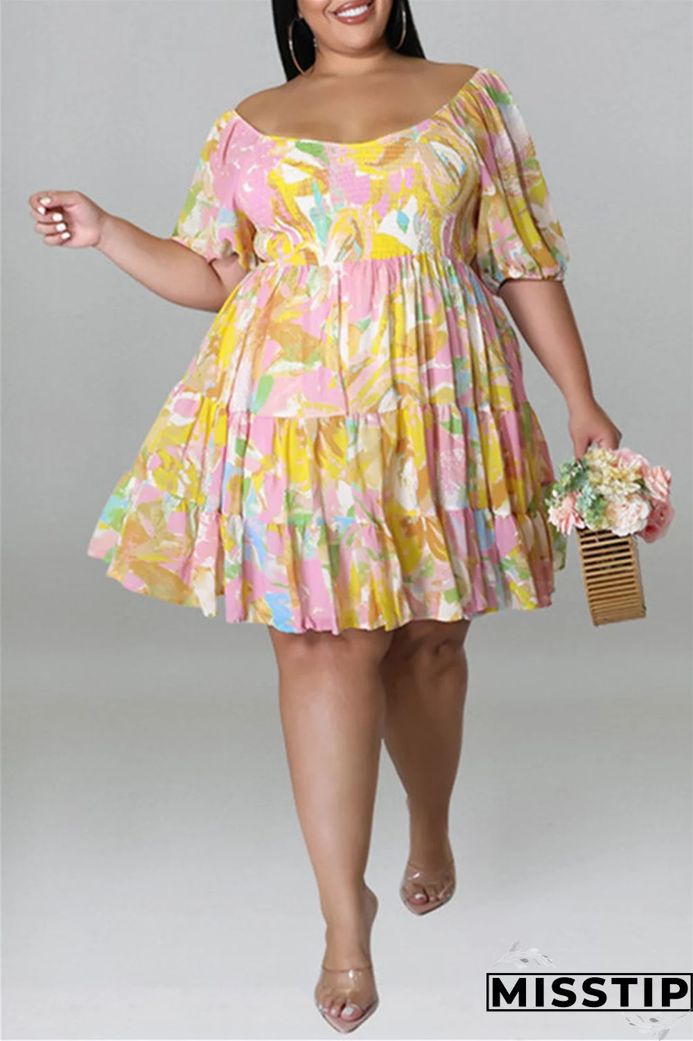 Blue Fashion Casual Plus Size Print Patchwork O Neck Short Sleeve Dress