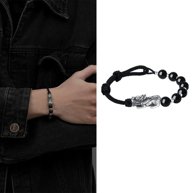 999 Sterling Silver FengShui PiXiu Natural Black Obsidian 925 Sterling Silver Bead Strength Bracelet