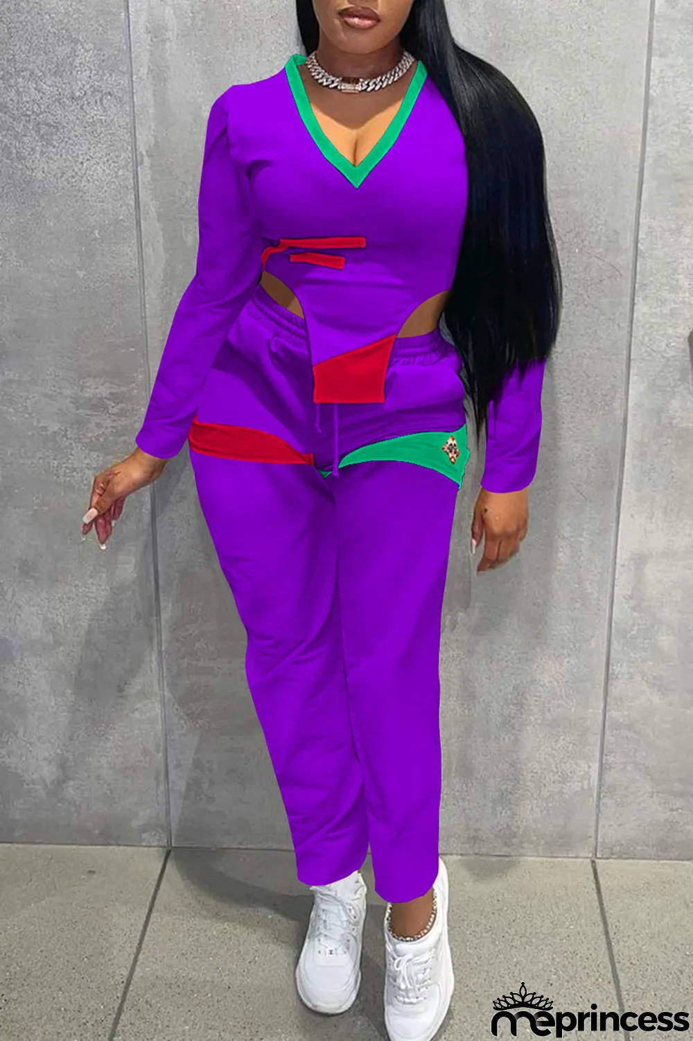 Red Casual Print Split Joint Asymmetrical V Neck Long Sleeve Two Pieces