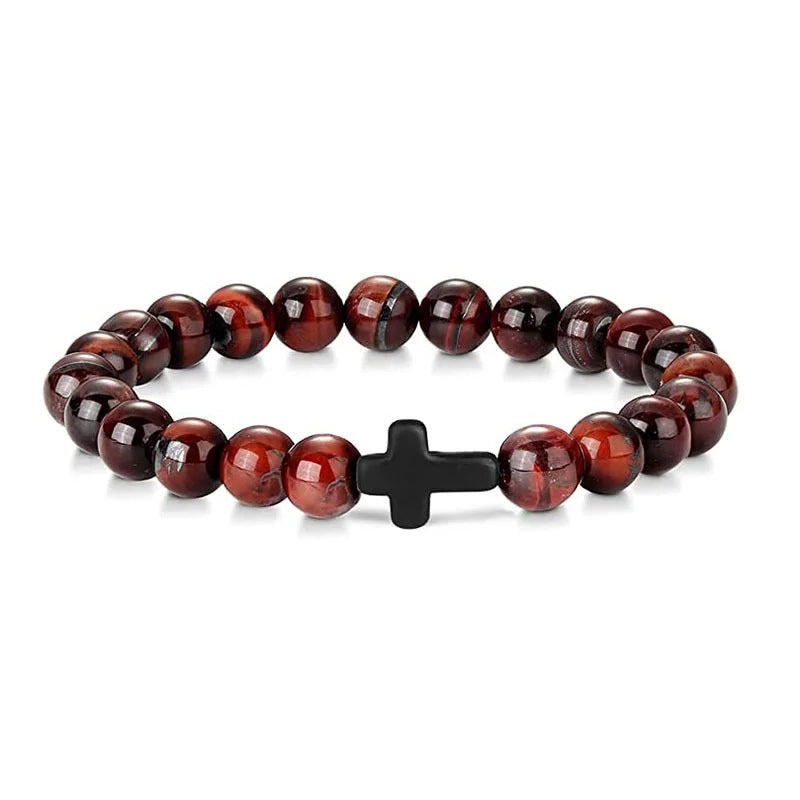 Hot Sale Cross Men’s Beaded Bracelet Tiger Eye Stone White Pine Obsidian White Pine Bracelet Jewelry