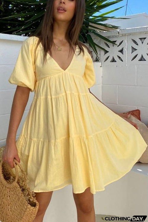 V Neck Puff Sleeve Mini Dress