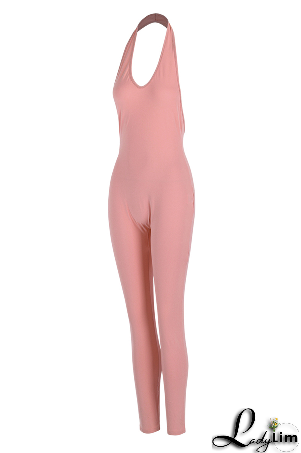 Pink Sexy Solid Backless Halter Skinny Jumpsuits