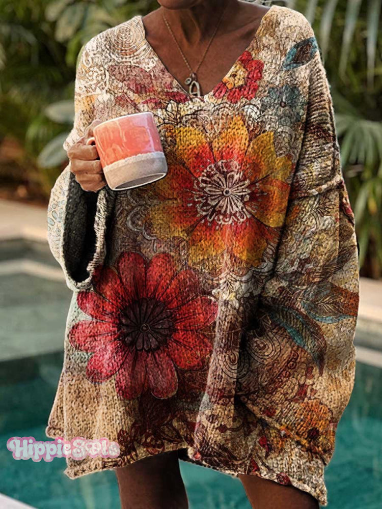 Women’s Retro Flower Casual Pullover Sweater Multicolor / M