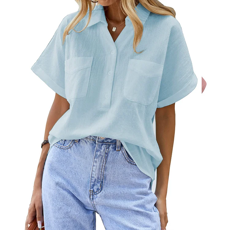 Women's Cotton Linen Shirts V-Neck Front Pocket Short Sleeve Loose Blouse Shirt