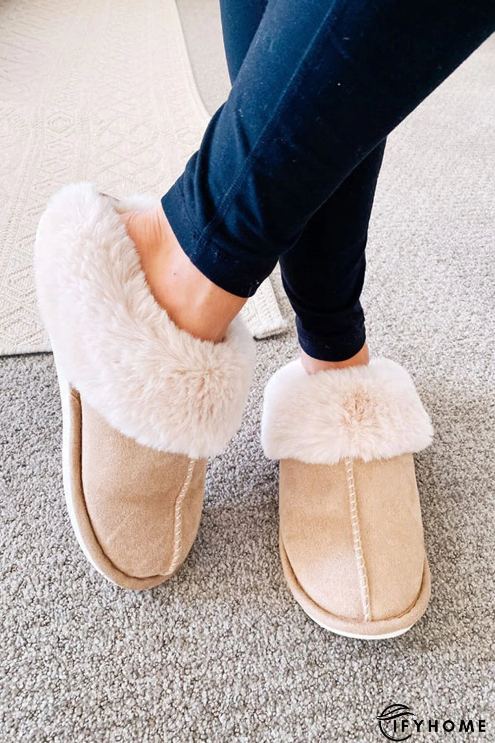 Khaki Cut and Sew Faux Suede Plush Lined Slippers | IFYHOME