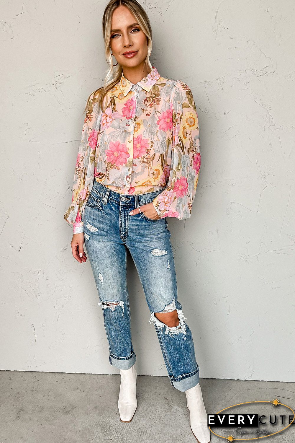 Pink All Floral Puff Sleeve Collared Shirt