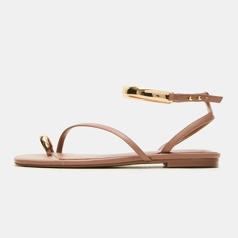 Casual Nude Flat Ankle Strap Toe Ring Sandals with Metal Decor