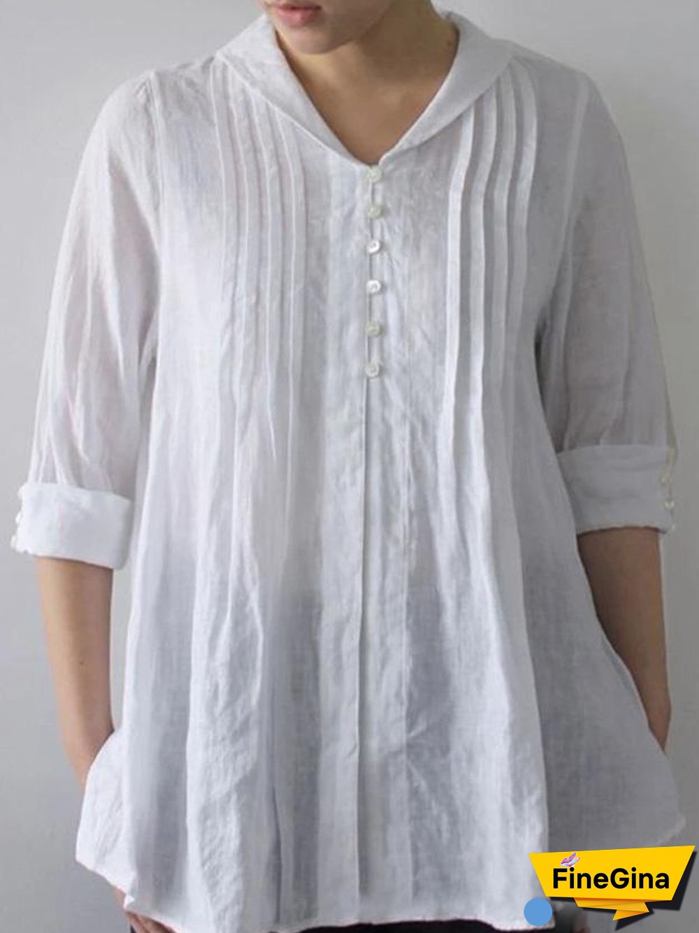 Pure White Cotton&Linen Pleated Button Top