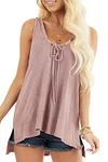 Plus Size Lace Up Solid Loose Split Neck Tank Top