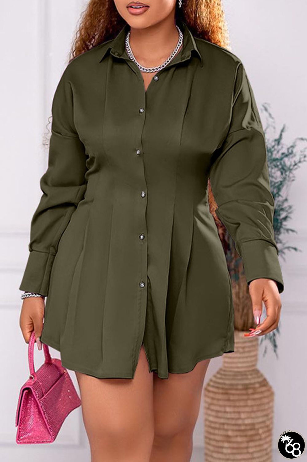 Army Green Casual Solid Patchwork Turndown Collar Shirt Dress Dresses | 168DEAL