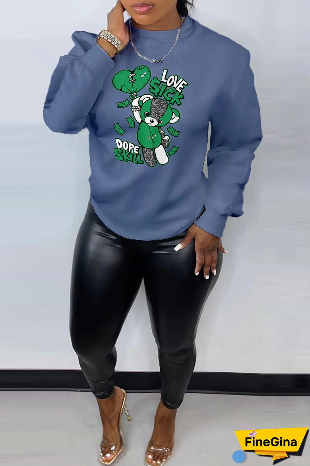 Black Daily Cute Print Patchwork O Neck Tops