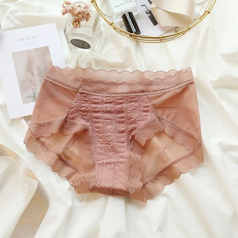 Women's Cotton Underwear Sexy Lace Panties Fashion Transparent Mesh Briefs Mid Waist Seamless Underpants Female Sexy Lingerie