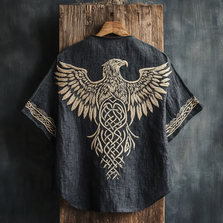 Men's Viking Tribal Eagle Celtic Art Linen Crew Neck T Shirt