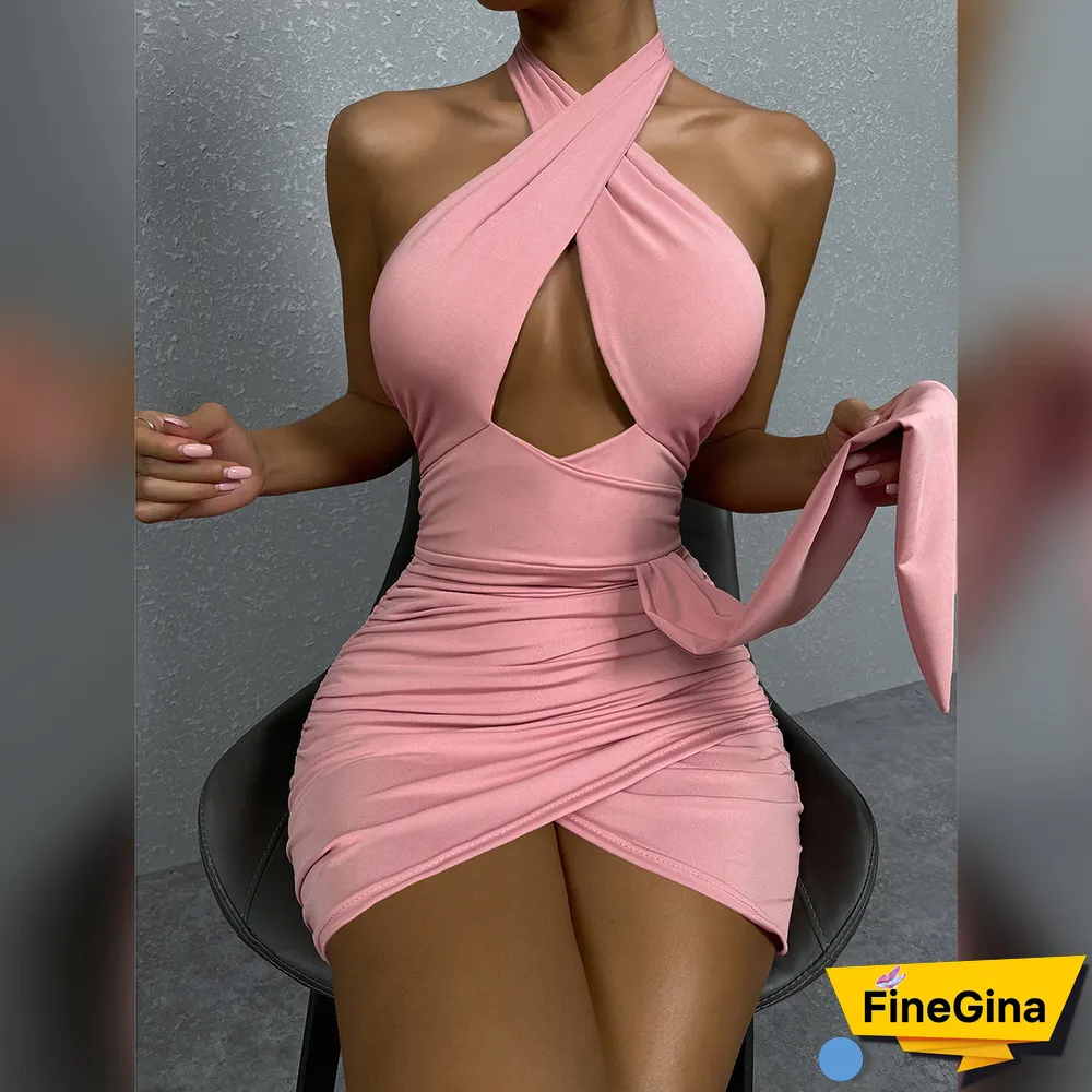 Rope Wrapped Hip Y2k Dress Women Sexy Cross Neck Open Back Pleated Dress Vestidos De Mujer