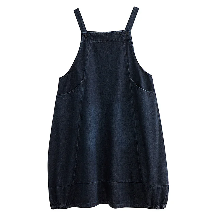 Literary Solid Color Denim Suspender Midi Dress