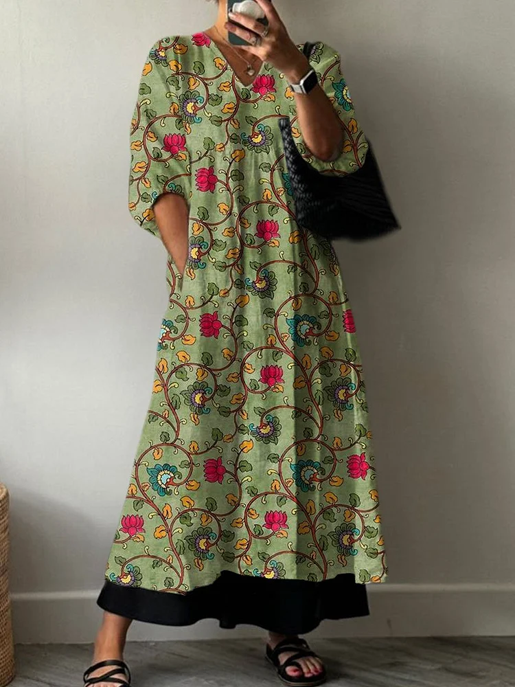 Women's  Retro Floral Print Pocket V-neck Cotton Dress
