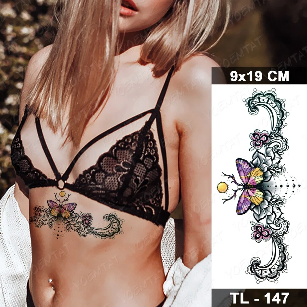 Waterproof Temporary Tattoo Sticker Black Butterfly Totem Fake Tatto Flash Realistic Rose Tatoo Body Art 3d For Girl Women