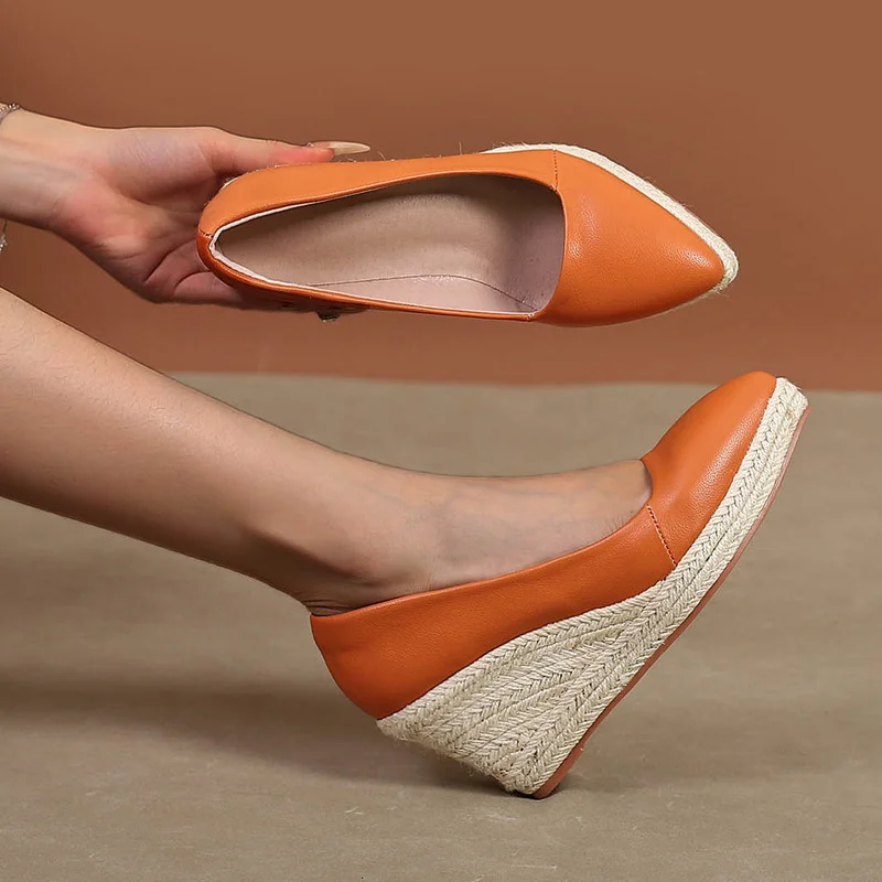 Wongn Wongn And Autumn Slope With Thick Bottom High Heel Pointed Shallow Single Shoes Women Grass Hemp Rope Bottom