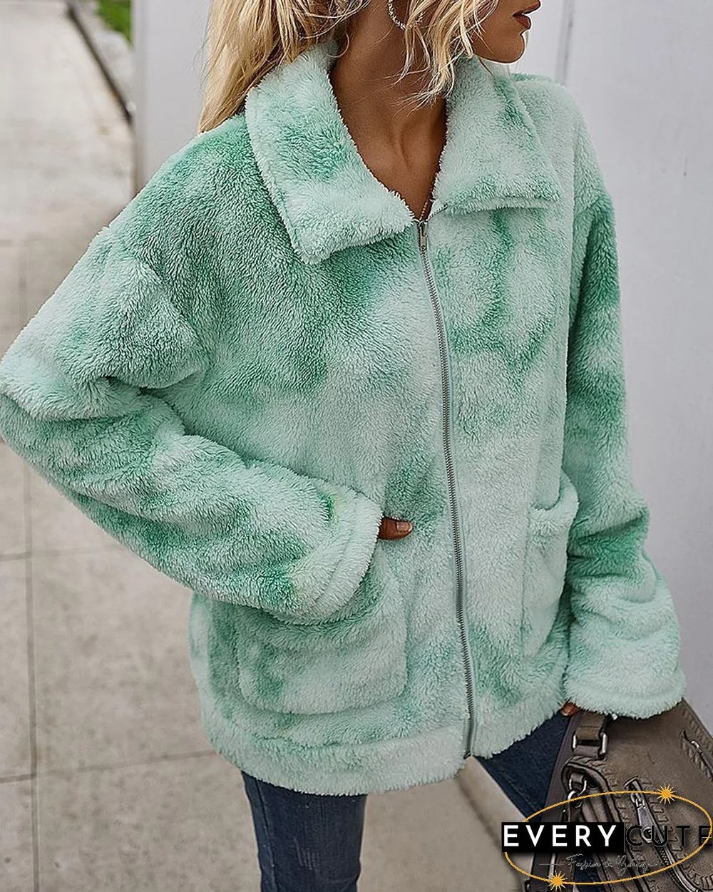 Tie Dye Print Fluffy Pockets Teddy Coat