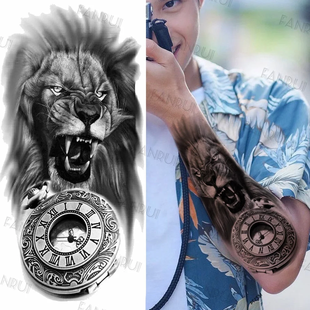 Black Gun Tattoos Sticker For Men Women Arm Art Temporary Tattoos Realistic Fake Flower Lion Tiger Tatoos Decal Cool Warrior DIY