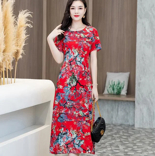 Women Summer Dress Plus Size 5XL Loose Middle-aged Mother Casual Short Sleeve Long Dress O-Neck Floral Print Cotton Dresses