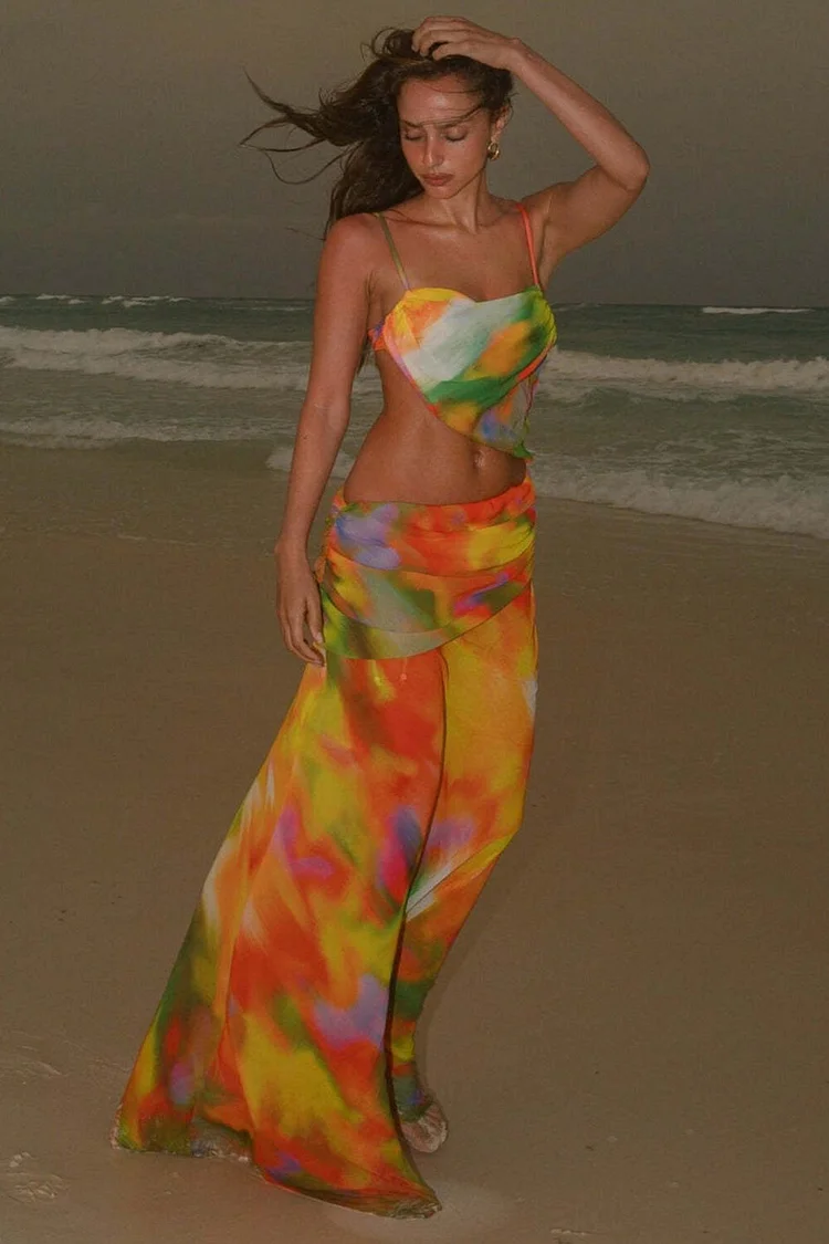 Gradient Color Print Cutout Open Back Beach Strappy Maxi Dresses-Orange