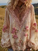 Bohème Rose Art Thin Long Sleeve V Neck Top