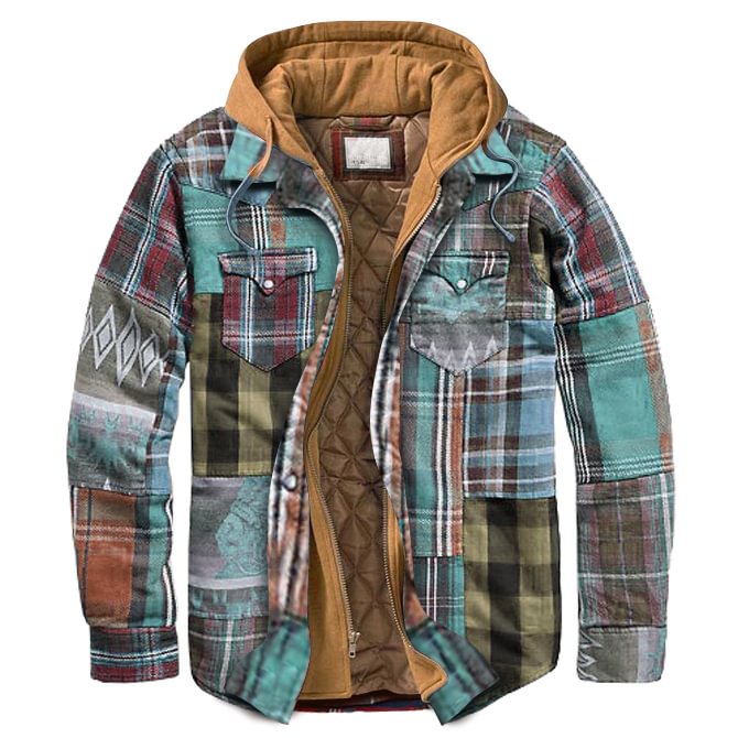  Men s  casual  multicolor  stitching  thick  plaid  hooded  jacket 