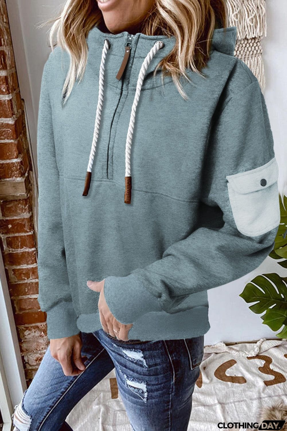 Half Zip Colorblock Pocket Patchwork Long Sleeve Hoodie