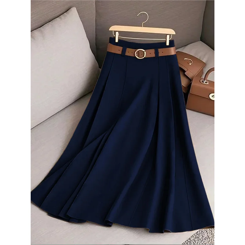 Athvotar Athvotar Women's Spring And Autumn Solid Color Casual Bvy Skirt With Belt