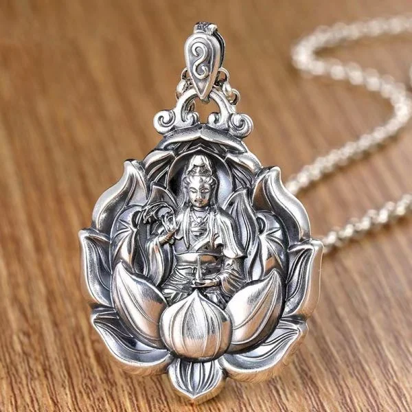 Sterling Silver Dripping Water Guan Yin Lotus Buddha Protection Pendant Necklace