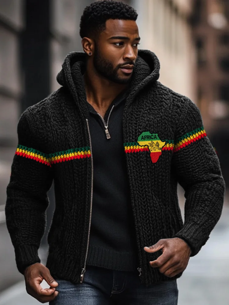 VChics Men's Rasta Lion Africa Map Embroidered Cozy Hooded Cardigan