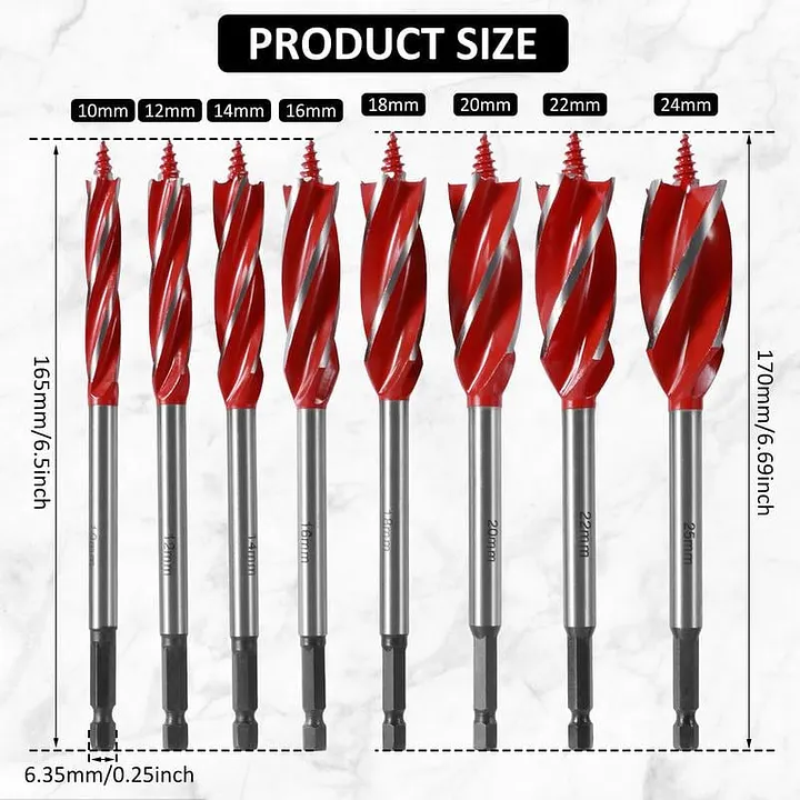 8 piece red wood auger drill bit size set