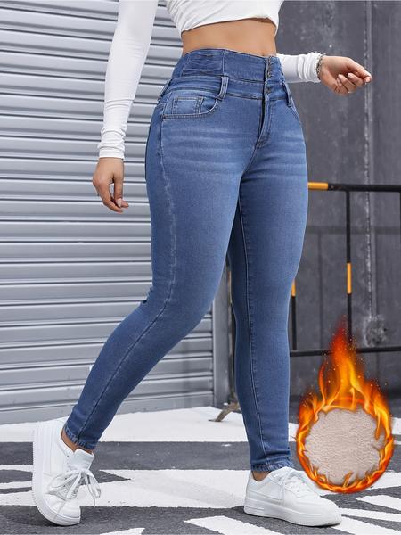 Women's High Elasticity Fleece Lined Thick Denim Jeans, Fall & Winter Fashion, Comfortable Slimming Jeans, Elegant Style Women's High Elasticity Fleece Lined Thick Denim Jeans, Fall & Winter Fashion, Comfortable Slimming Jeans, Elegant Style
