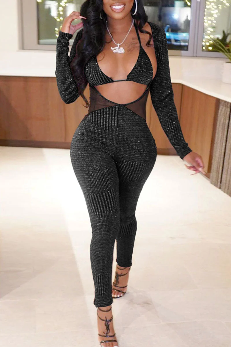 Sexy Solid Hollowed Out Split Joint Halter Skinny Jumpsuits