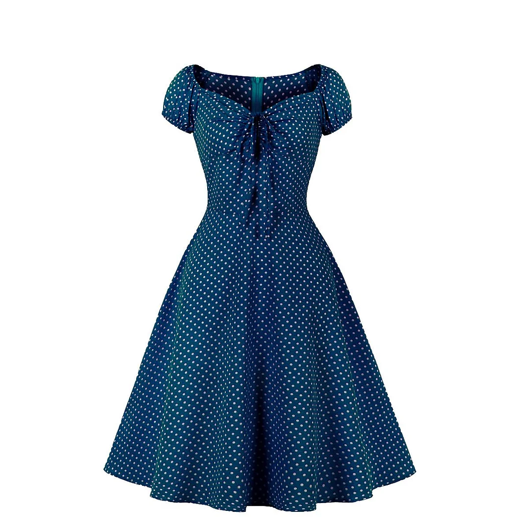 Polka Dot Dress Retro-Style Square Collar Drawstrings Big Swing Dresses