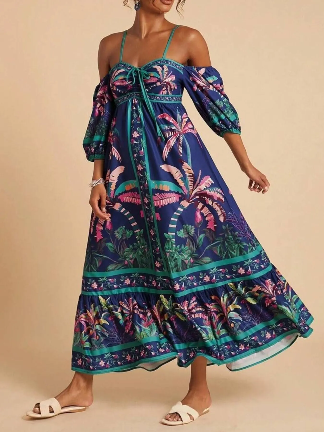 Tropical Print Spaghetti Strap Maxi Dress mysite idetrend
