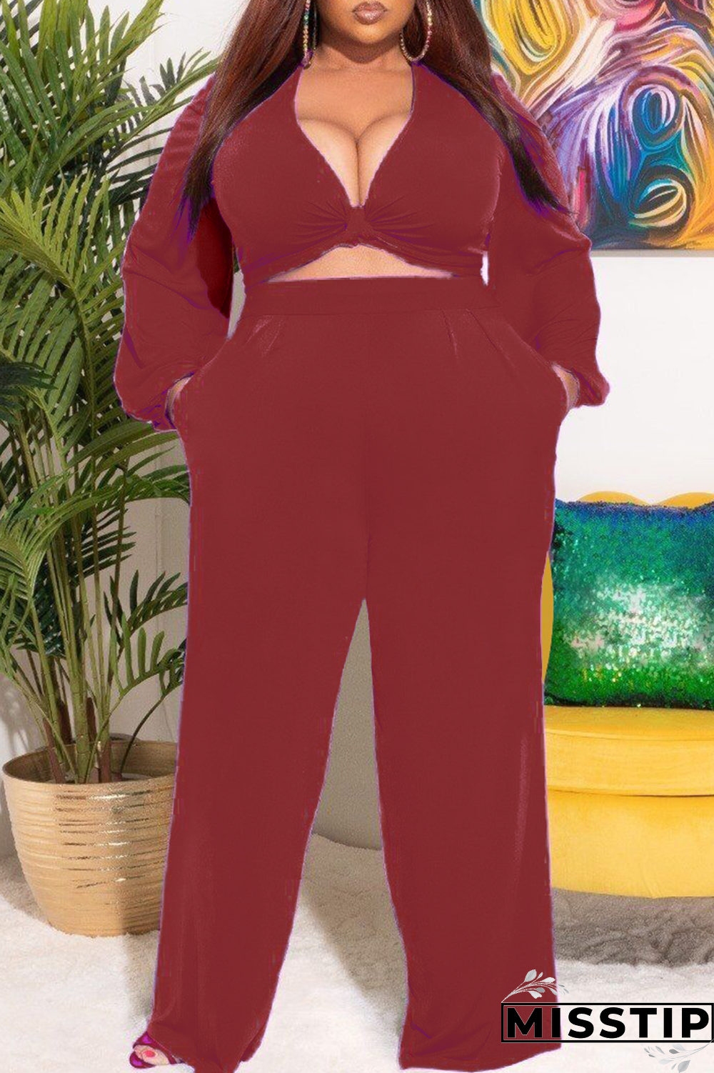 Purple Casual Solid Patchwork V Neck Plus Size Two Pieces