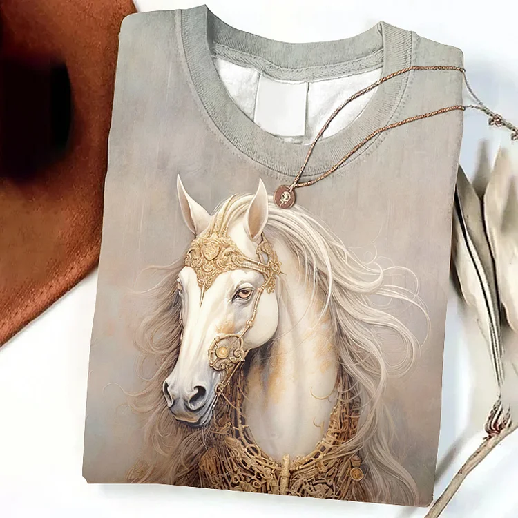 Wearshes Vintage Horse Relief Art Print Casual Long Sleeve T-Shirt