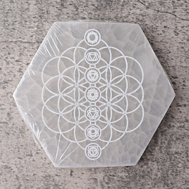 6" Hexagon Selenite Coaster with Printing Crystal