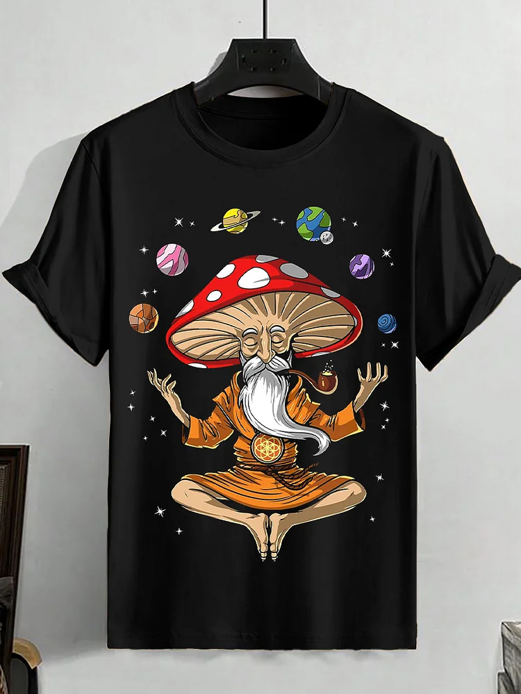 Men's Magic Mushroom Buddha Illustration Print Casual T-Shirt