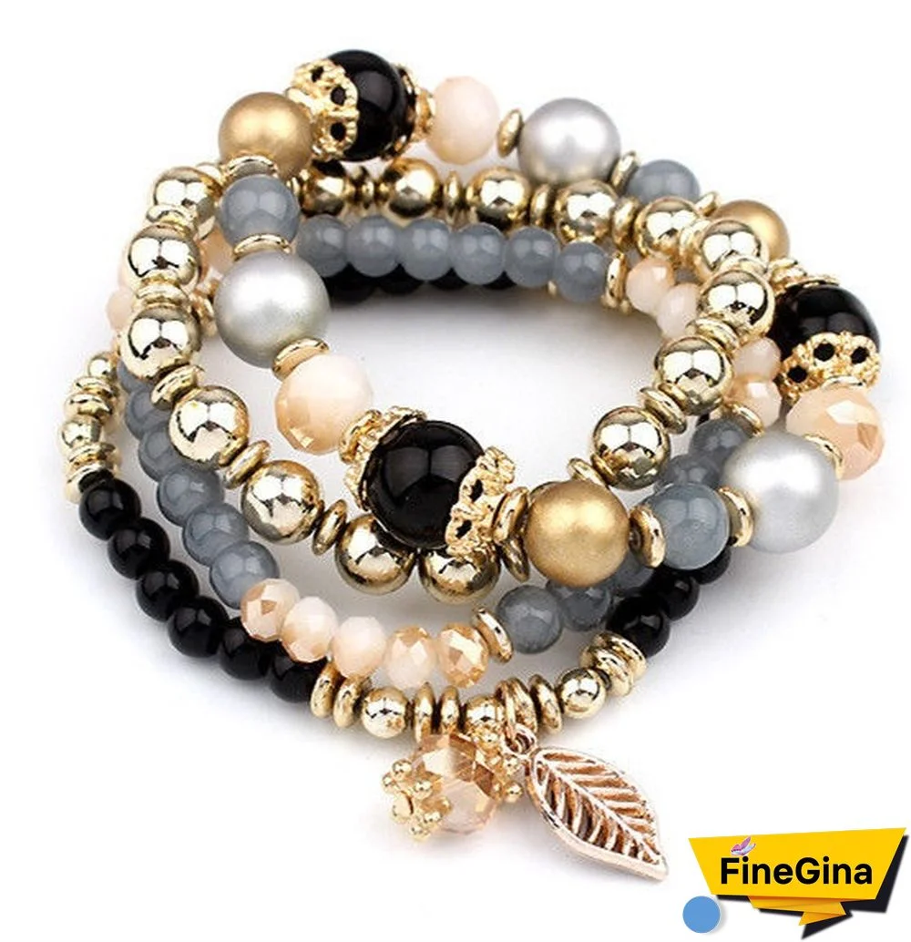 4pcs/set Multilayer Crystal Beads Leave Tassel Bracelets Women Bangles Jewelry