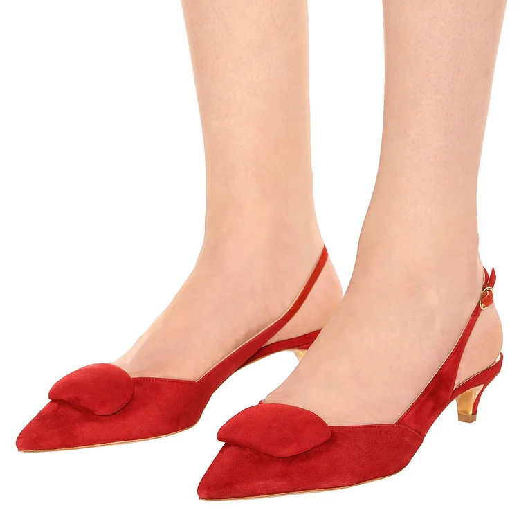 Red Vegan Suede Kitten Heel Slingback Pumps |FSJ Shoes