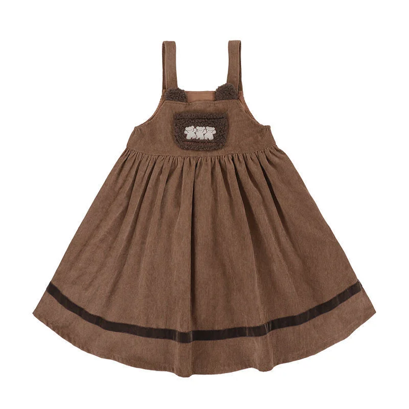 HOUZHOU Vintage Kawaii Lolita Dress Women Winter Japanese Sweet Bear Embroidery Plush Pocket Corduroy Strap Midi Dress Soft Girl