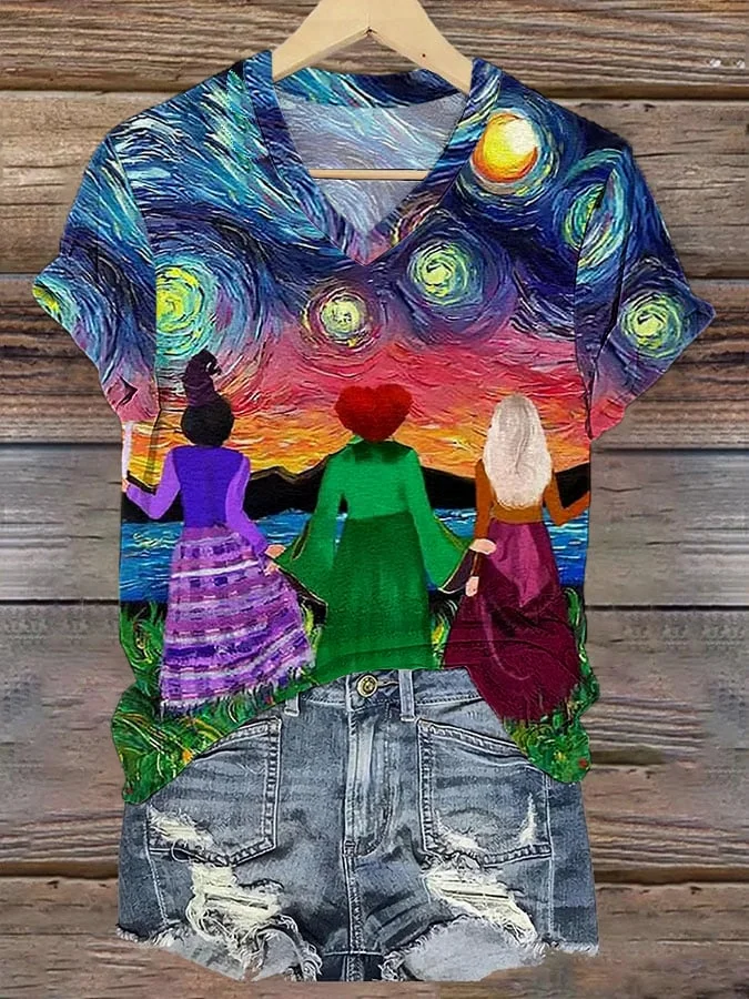 Women's Halloween Starry Night Art Print V-Neck T-Shirt